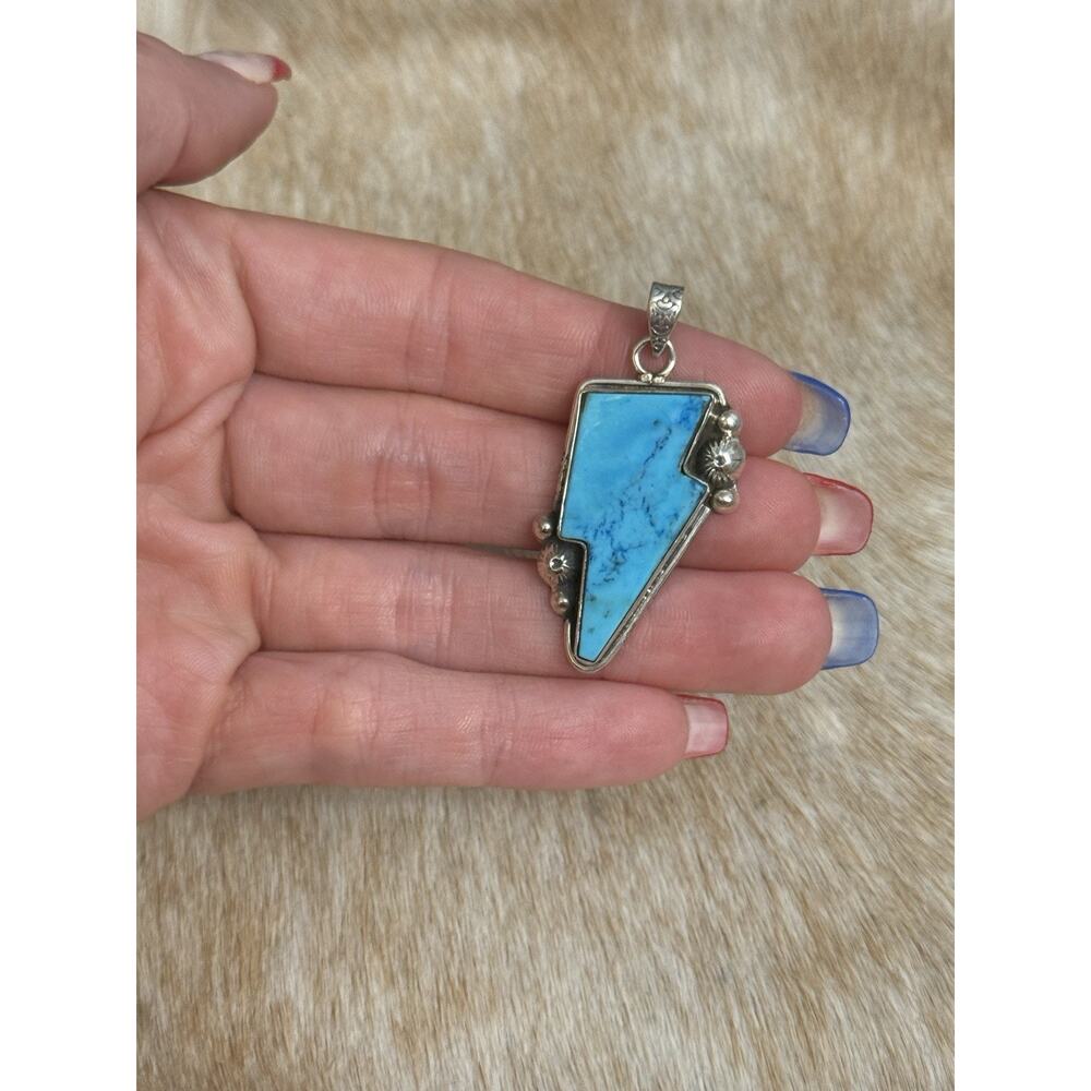 Native American SW Sterling Silver Bright Blue Turquoise Lightning Bolt Pendant